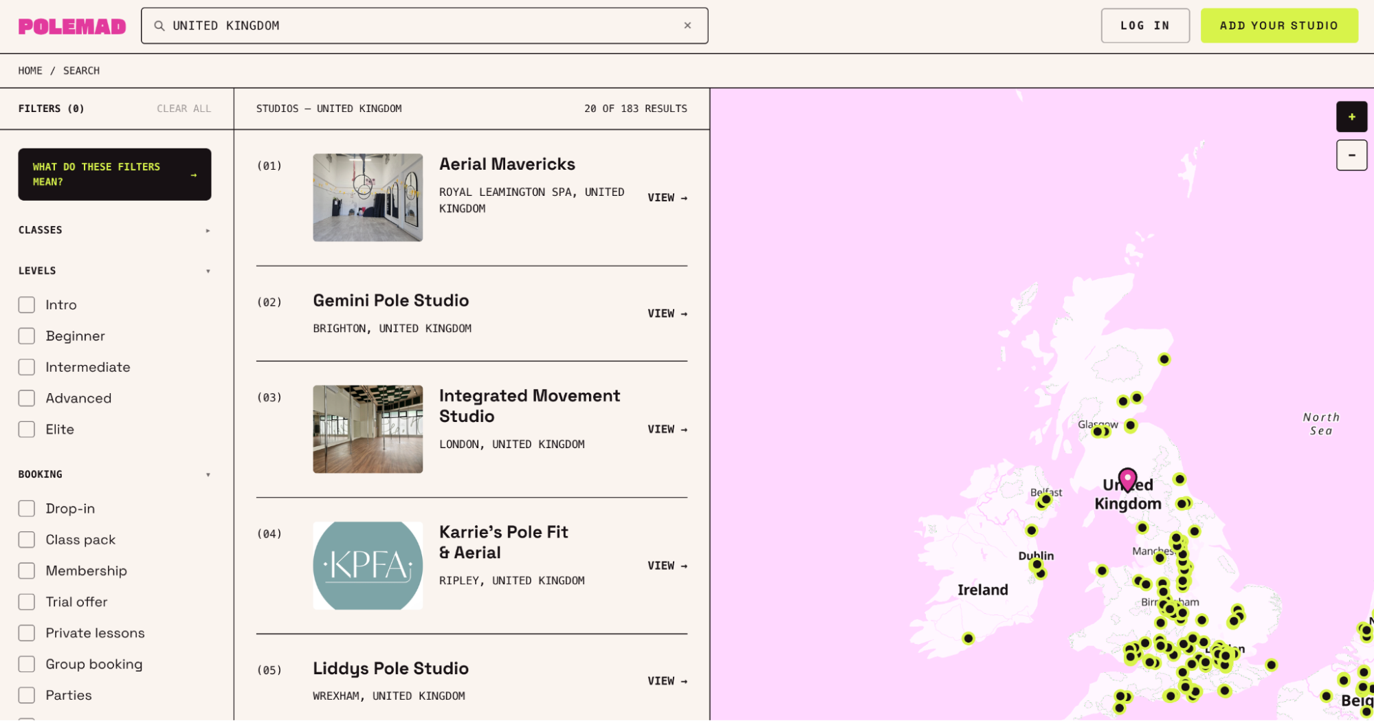 Screenshot of the Polemad studio search page filtered to the United Kingdom, showing a filter sidebar, a list of studios, and a map of the UK with a marker for each studio.